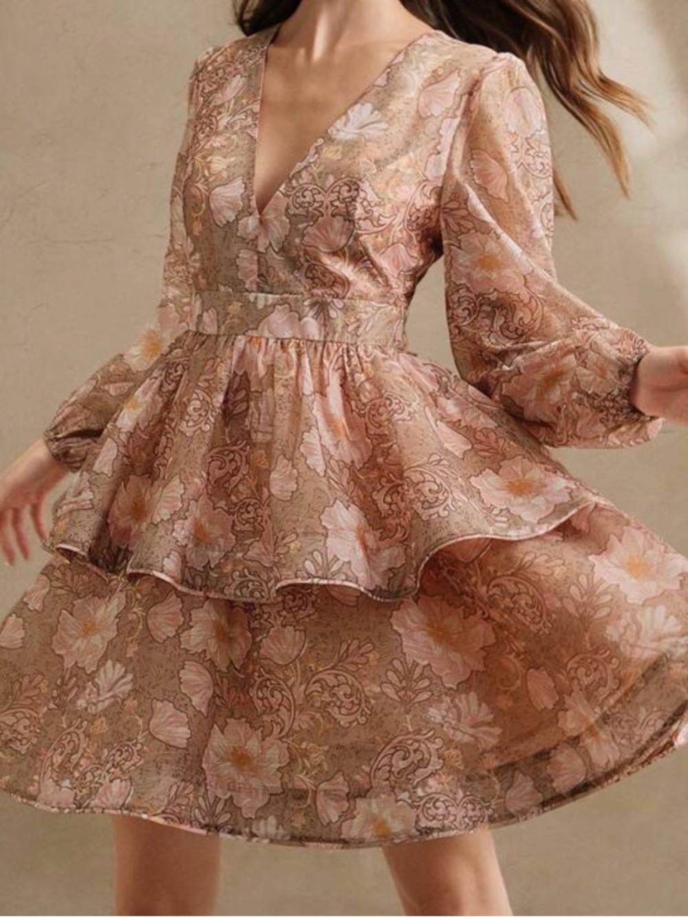 Floral Tiered Dress in Pink, Nude and Brown